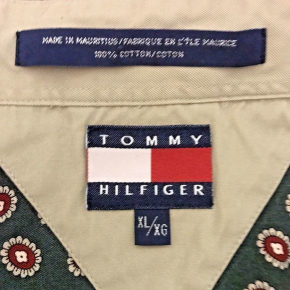 Tommy Hilfiger XL Oxford Button-Down Green Print‎ Shirt Pocket Flag & Crest Logo - Picture 12 of 12